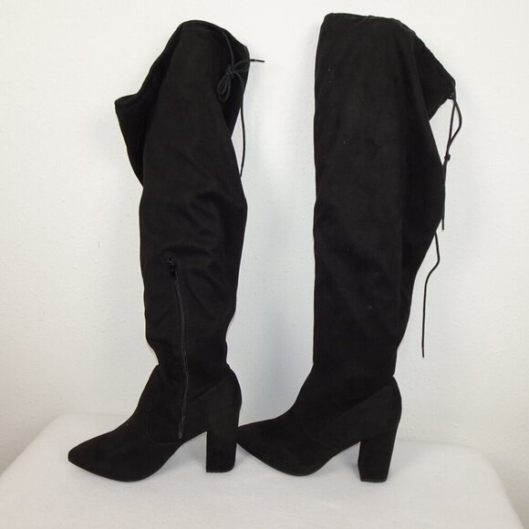 JustFab Aubriana Boots Over The Knee Heeled Suede Women's Size 8 Black Vegan - Picture 12 of 13